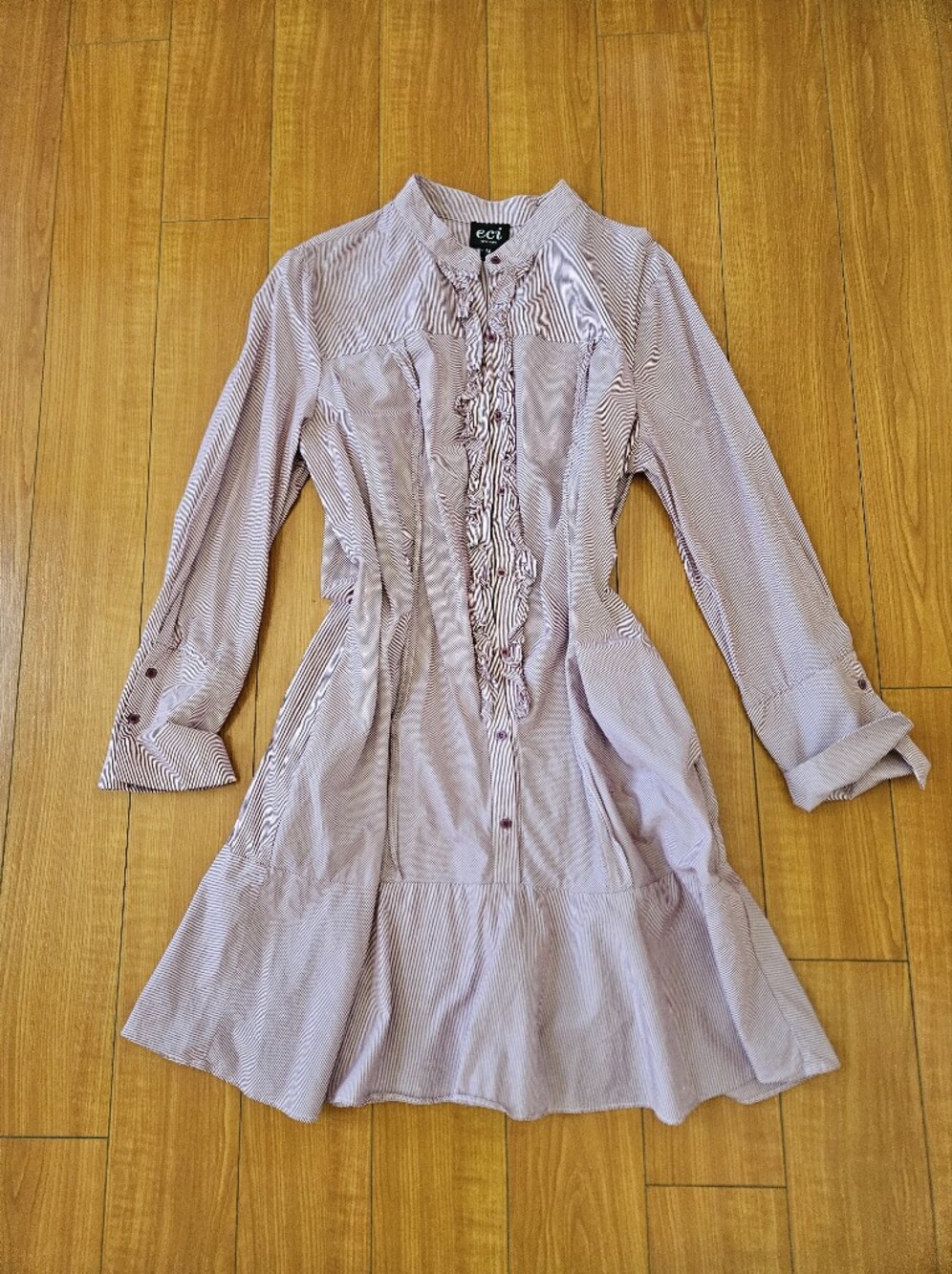 NEVER WORN ECI Pinstriped Button-Front Ruffle Hem Dress + Pockets Size Sz 14 - Picture 12 of 12